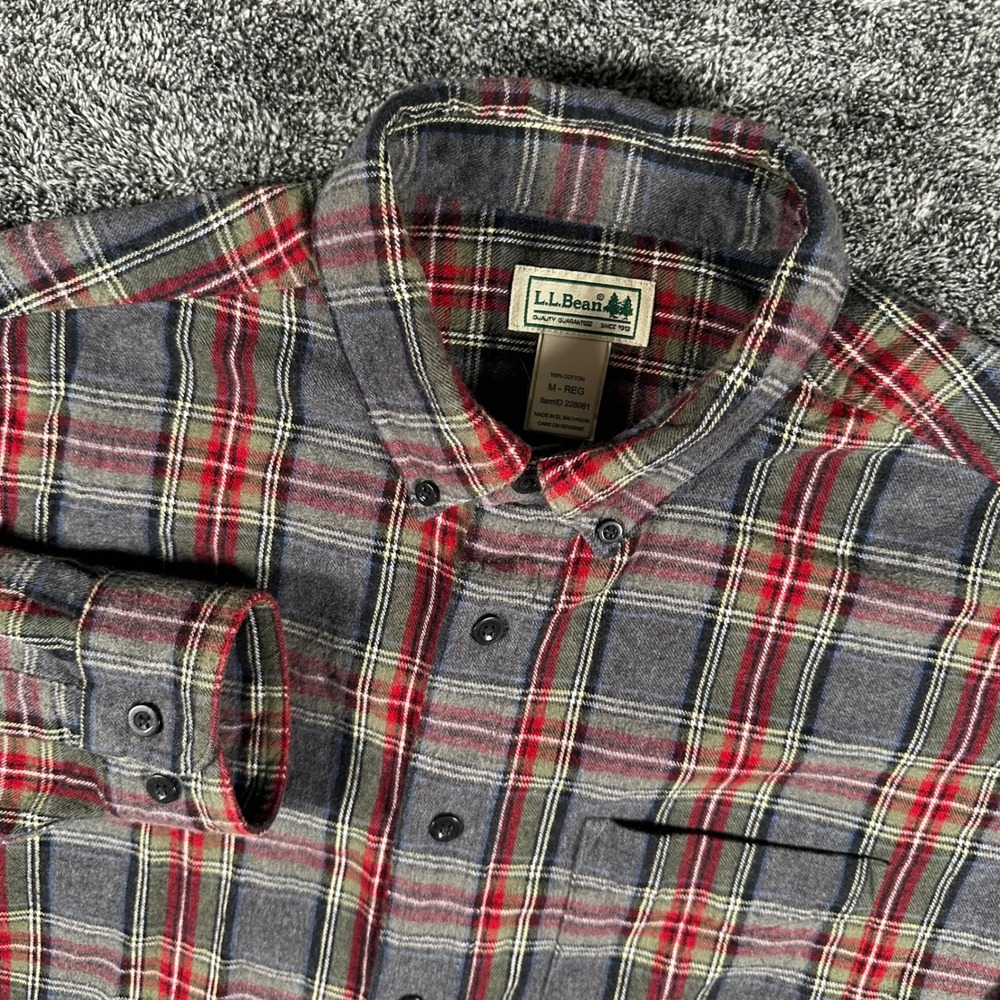 L.L. Bean Flannel Shirt Mens M Grey Red Plaid Button Down Cotton Casual Outdoors